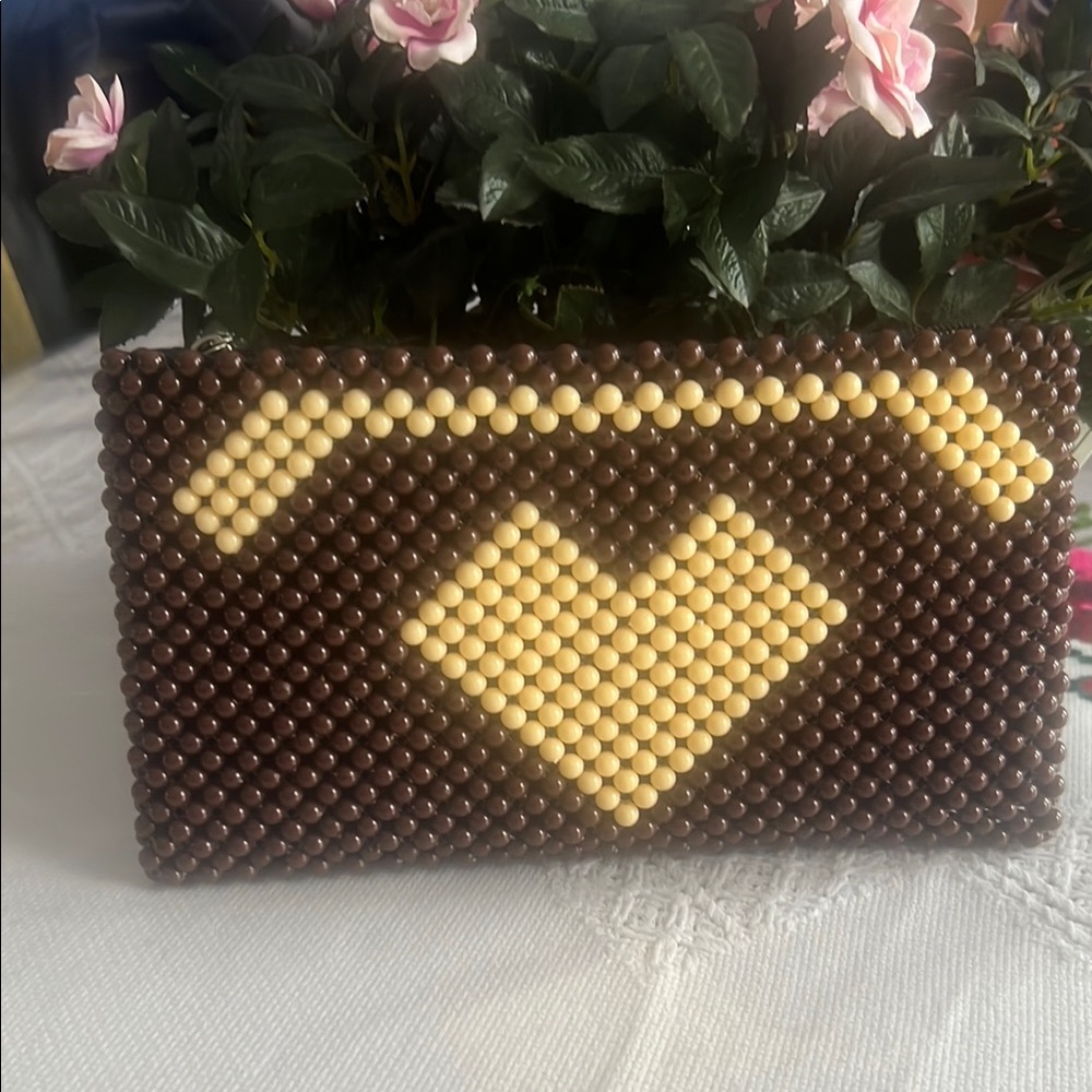 VINTAGE ANNIE Brown and Cream Beaded Clutch ZIPPERED 5x8.5”